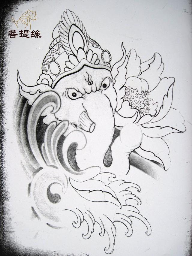 我是雕刻师,菩提缘工艺供稿白描般若象神纹身雕刻素材