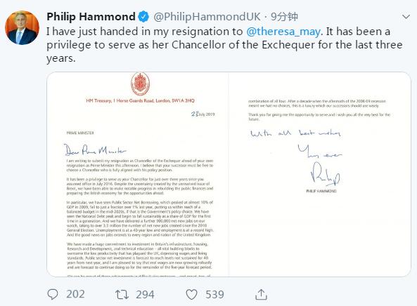 约翰逊正式接任英国首相前,财政大臣宣布辞职 xbet星投捕鱼