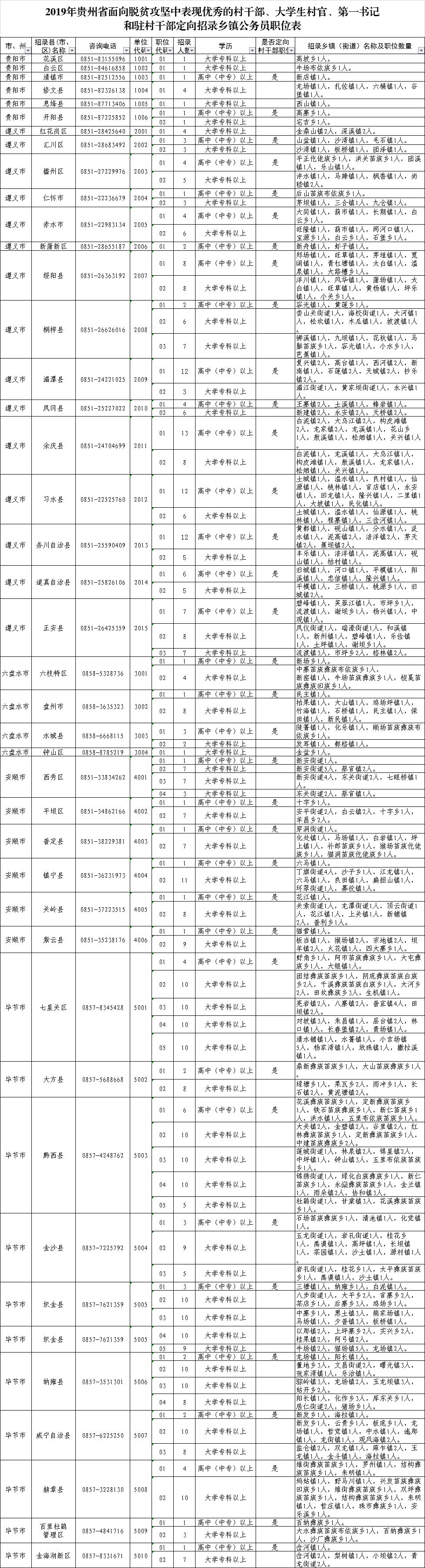 大学生村官,第一书记和驻村干部定向招录乡镇公务员工作职位表 2