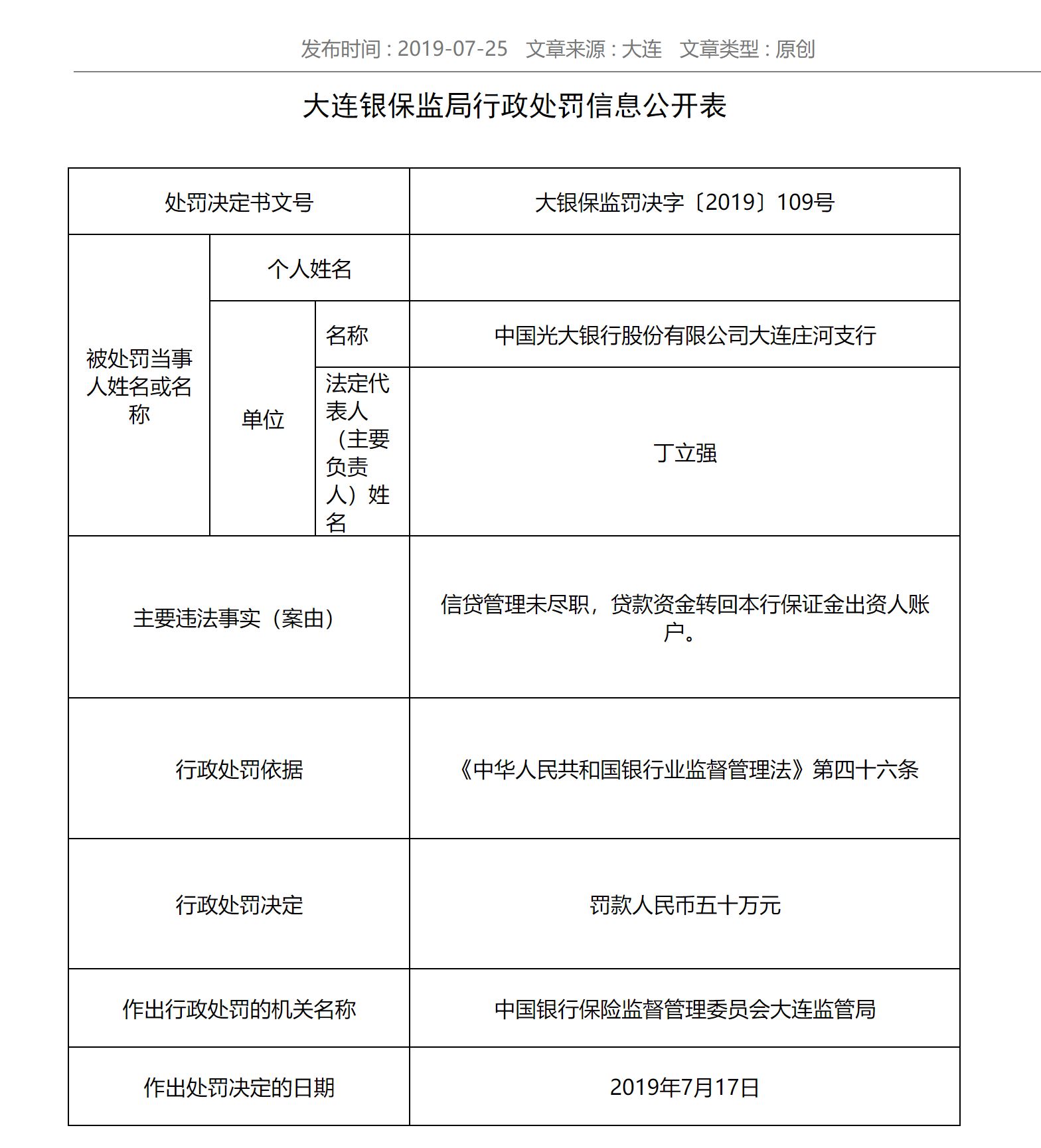 信贷管理未尽职 光大银行大连庄河支行被罚50万员工被警告