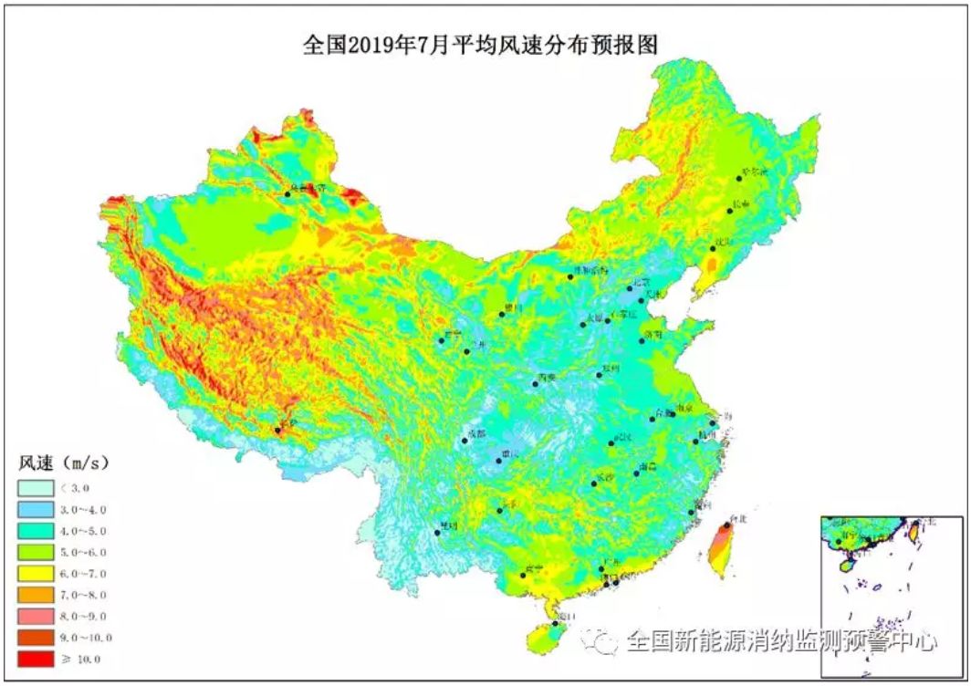 附图1 全国2019年7月平均风速分布预报图