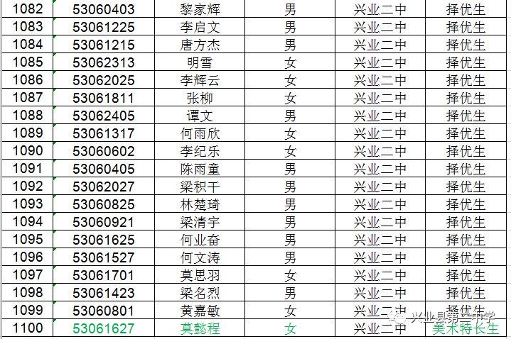 兴业县第二中学2019年高一新生录取名单