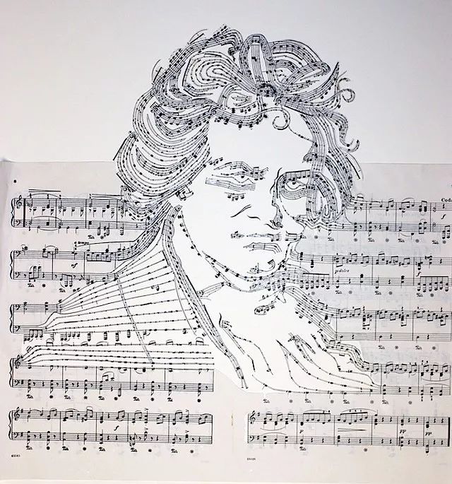 iris simmons创作,通过音符与空白塑造出音乐家贝多芬的画像
