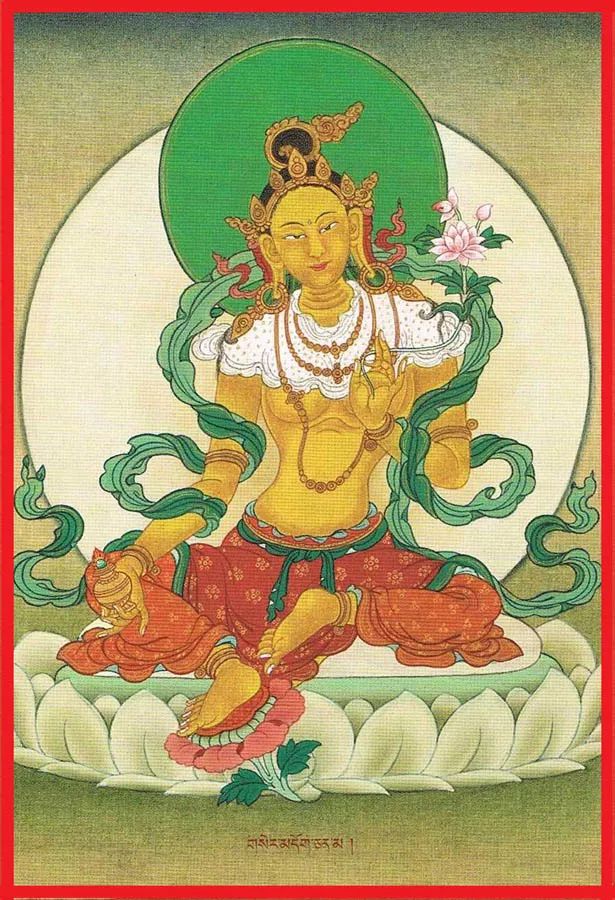度母 秋百满月聚集脸 成千群星同汇聚 尽放威光极灿然 顶礼紫磨金色母