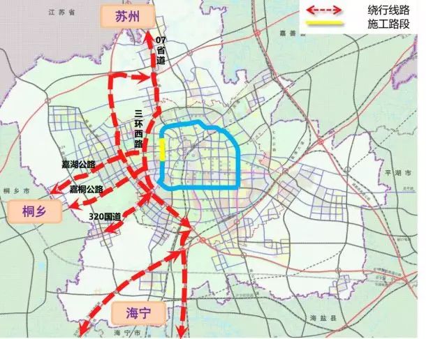 桐乡方向来往车辆由320国道→三环南路→三环东路线路绕行; 东侧南北