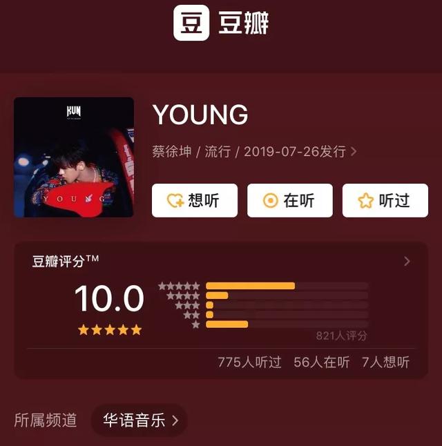 蔡徐坤新歌《young》发售2小时卖2000万,豆瓣评分达10