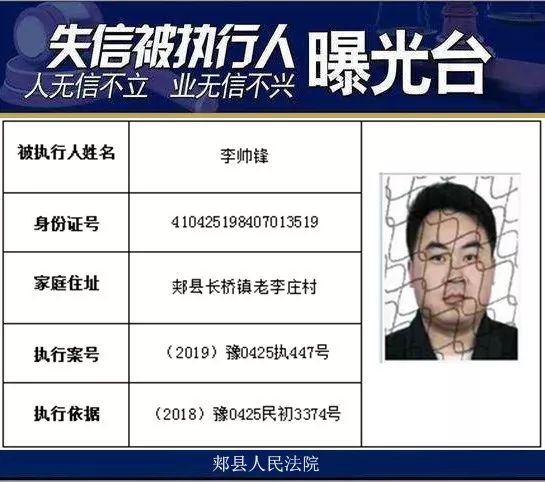 郏县人民法院2019年失信被执行人曝光台第二十一批