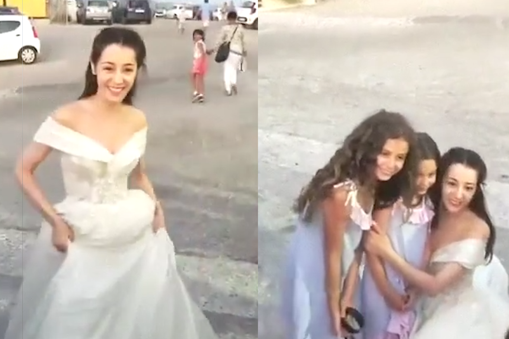 迪丽热巴在希腊被偶遇身着婚纱仙气飘飘主动蹲下和路人合照