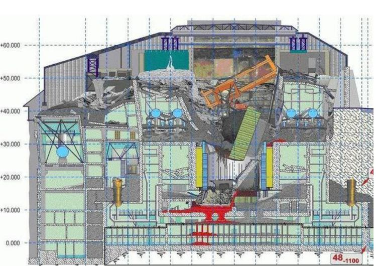 切尔诺贝利核电站4号反应堆事故后示意图.红色为高温熔融物