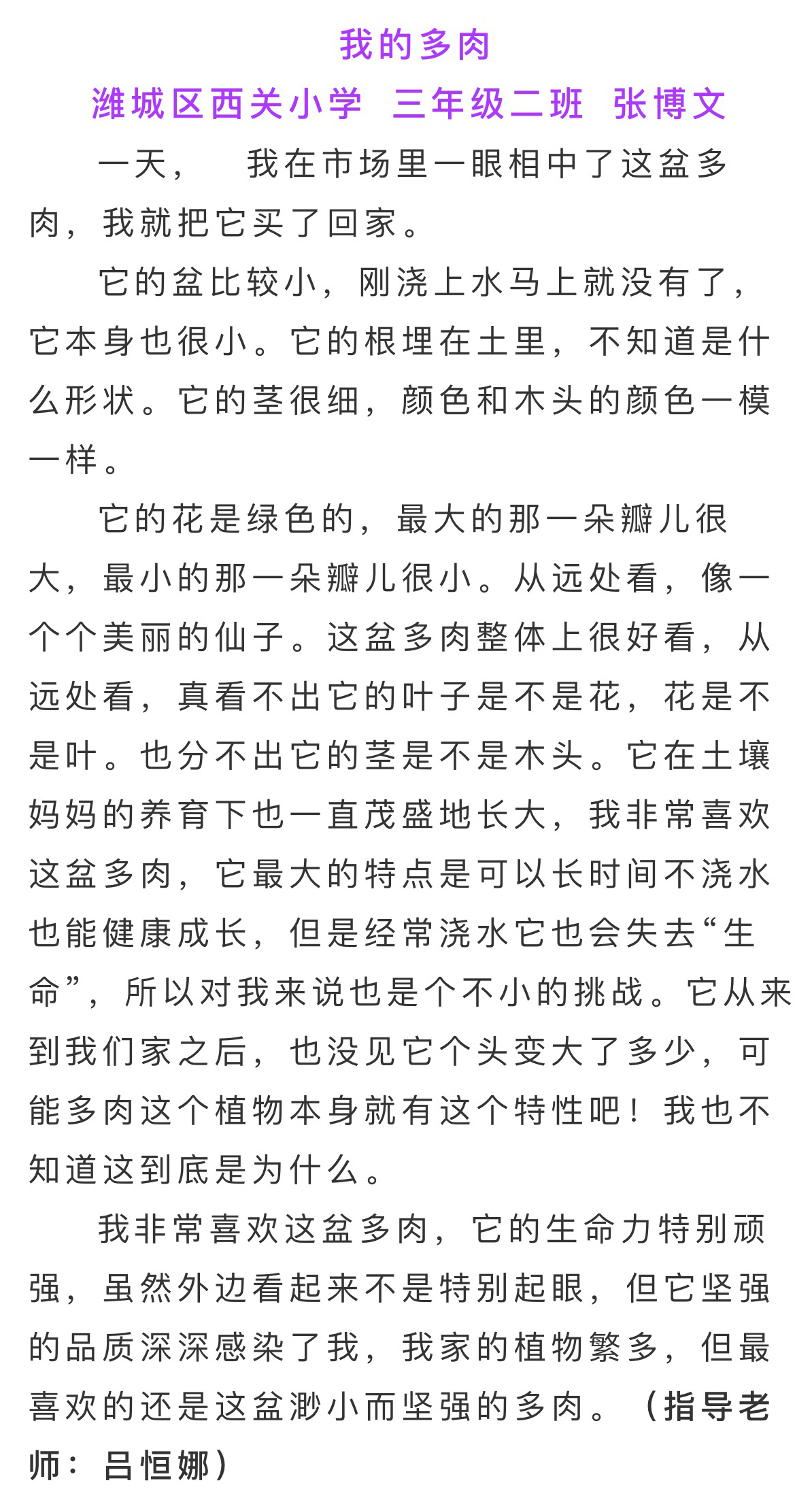 潍坊砺智小橘灯作文推荐:我的多肉