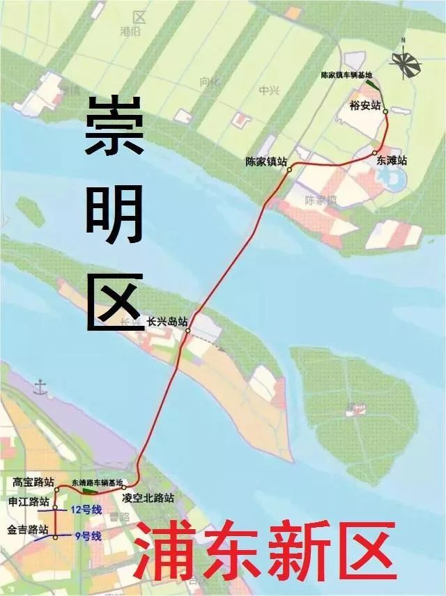 轨交崇明线南起浦东金桥地区,利用新建越江隧道穿越长江口南港和北港