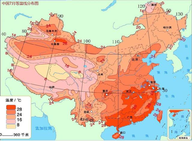 中国7月等温线分布图长江中下游地区不仅夏季"酷暑难当,到了冬季往往