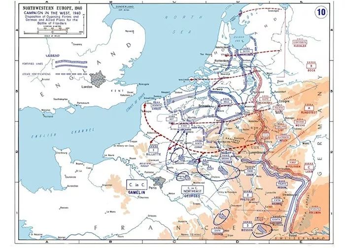 德国,法国及低地国家在1940年战役中的部署 (图来自维基百科) 英国