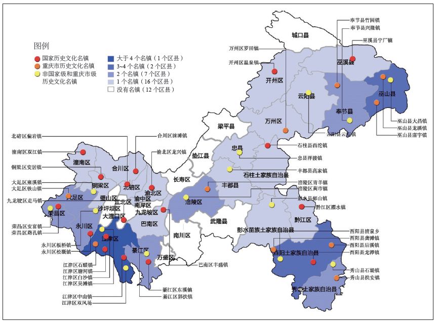 依托重庆市行区划的空间划分,将43个历史文化名镇进行空间分布统计