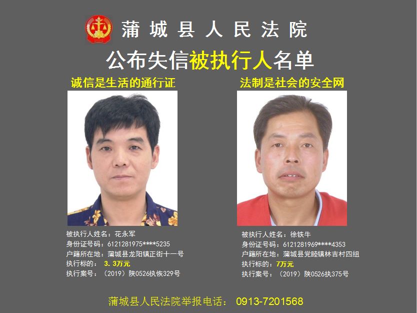 蒲城县人民法院公布2019年第二批失信被执行人名单