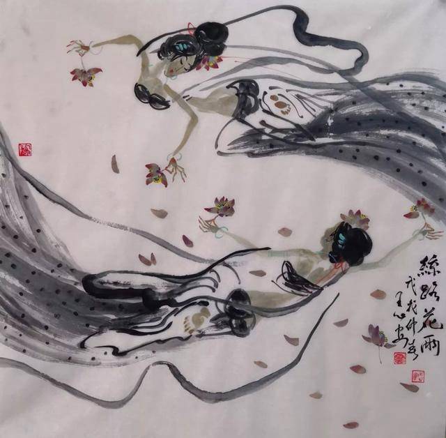 国画大师王心安寥寥几笔飞天仙女惟妙惟肖颇具意趣