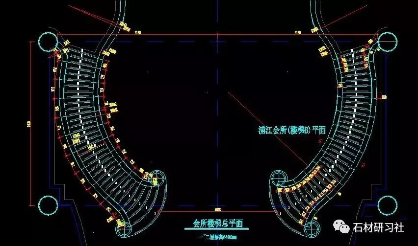 石材旋转楼梯cad素材的正面与侧面平面图参考