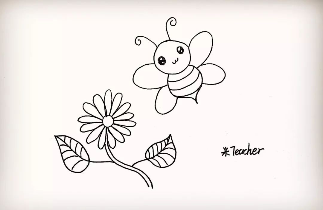 连接头部画出蜜蜂锥型的身体.在上方画出一个稍大的圆是蜜蜂的