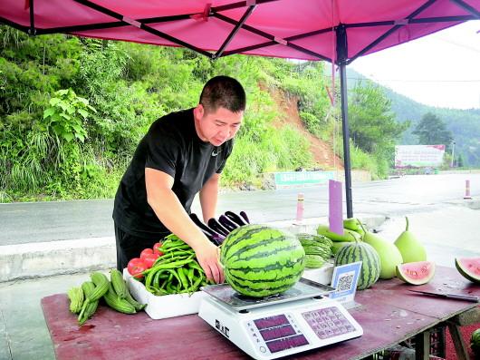 岑忠伟在无人菜摊扫码买西瓜.