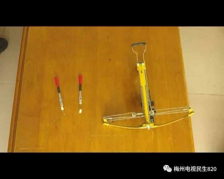 在摩托车的后箱发现了他用来射死这条狗弓弩一把和两支毒针