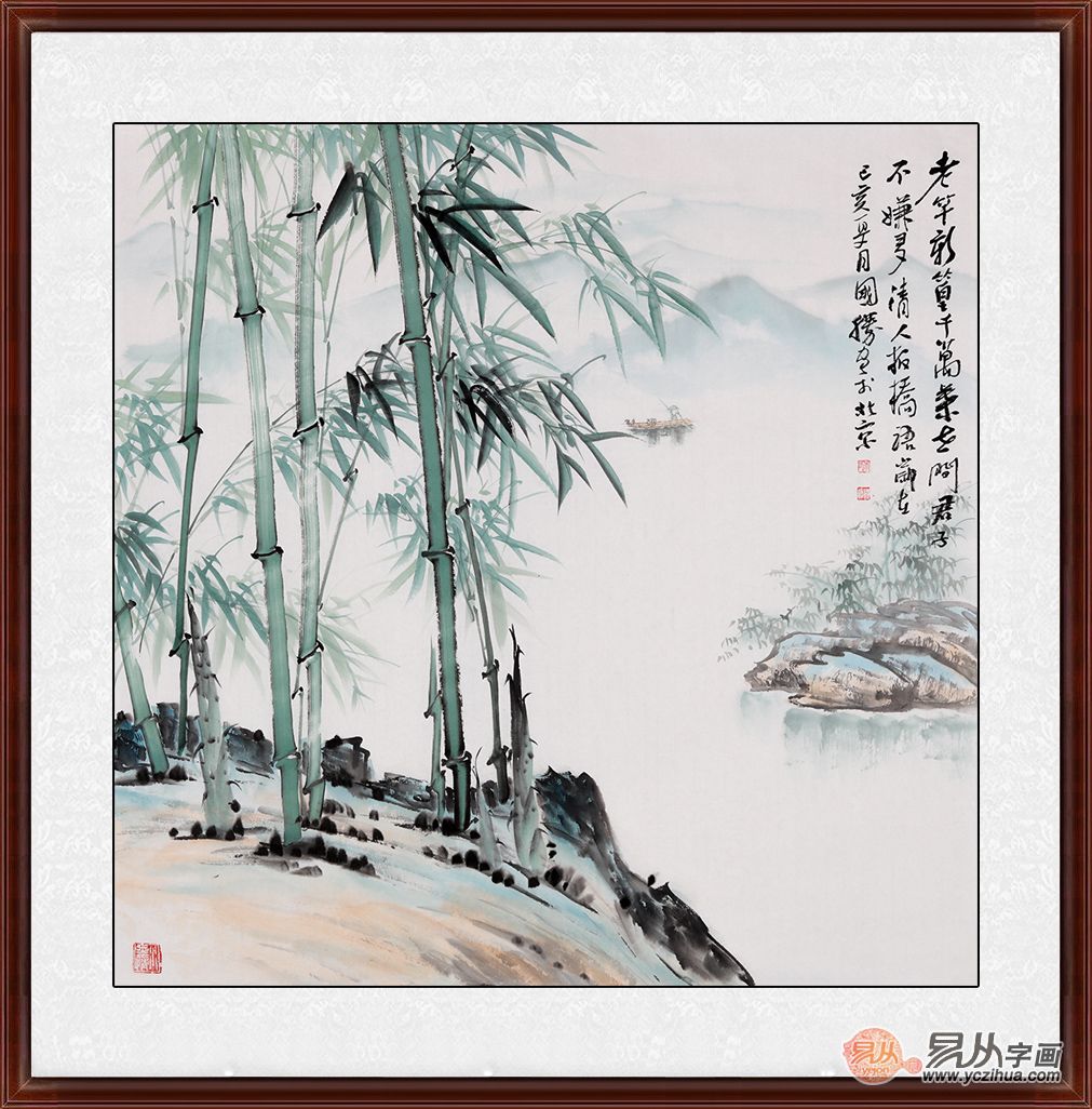 竹韵山水 李国胜小品斗方山水画作品《青竹江上帆影》