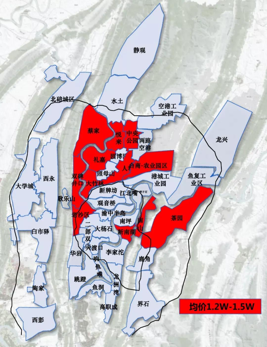 重庆房价地图一览 渝中半岛绝版地段,均价破2w; 观音桥,江北嘴均价超