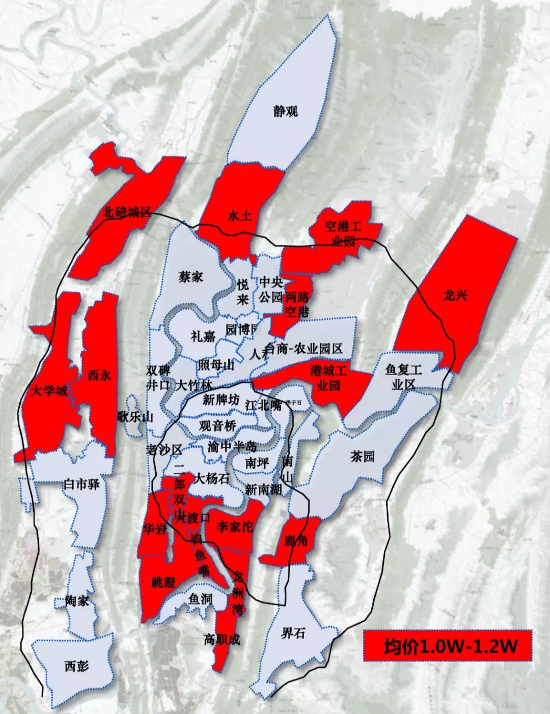 礼嘉,汽博,中央公园突破1.4w; 悦来,大竹林,南山均价1.