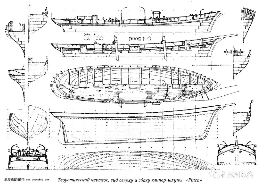 【海洋船舶】美国古帆newport新港号船模平面图纸 tif