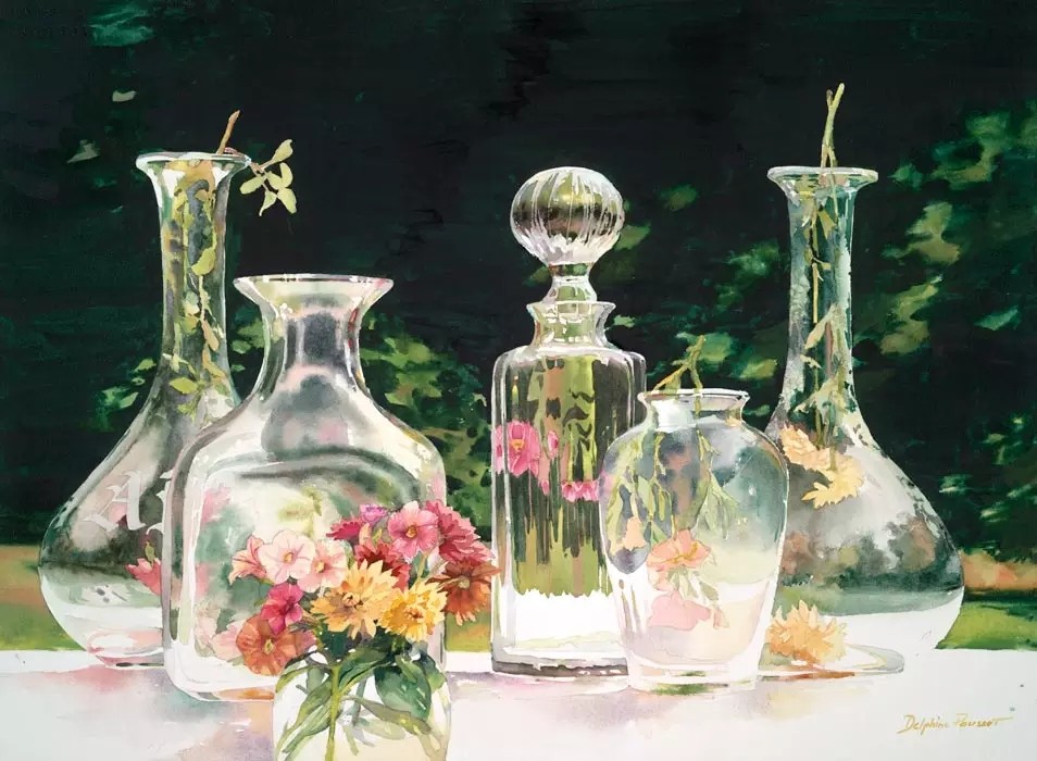 绘画中玻璃器皿不好画,可是有人用水彩画的玲璃尽致