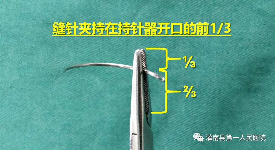 ③ 回头线长度为持针器长度的1/3:④缝线卡在持针器内:⑤严格遵守无菌