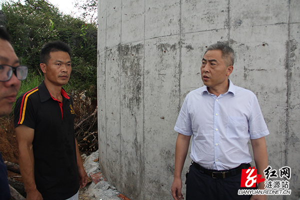 涟源市委副书记,市长刘杰右一在胡家坪村安全饮水工程建设现场查看.