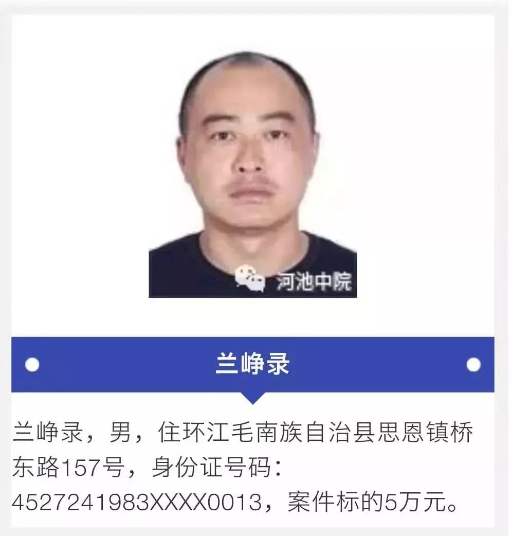 发布失信被执行人名单 (201908) 覃国宾 覃国宾,男,住环江县东兴镇久