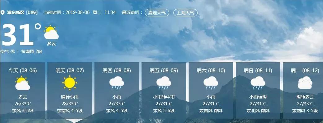 上海浦东近7天的天气预报
