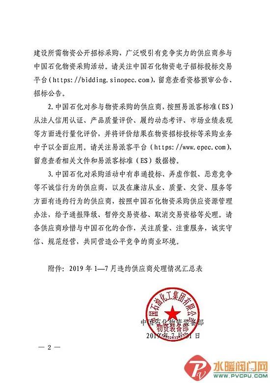 中国石化通报2019年17月违约供应商名单1家阀门企业被处理