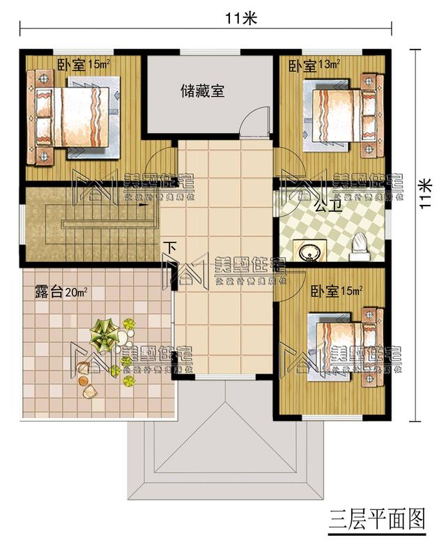 新农村自建房3层户型 11米x11米 经典布局 含平面图