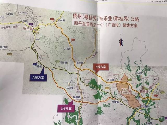 昭平至苍梧至广宁(广西段)高速路路线方案图 该高速路有三条线路方案