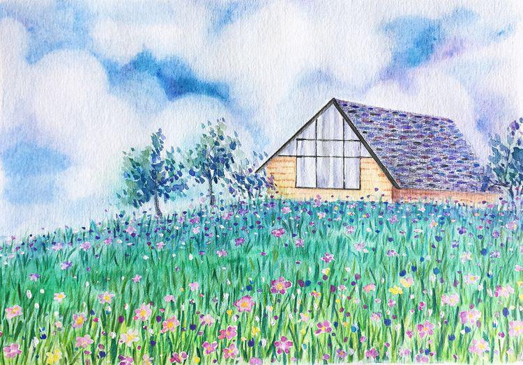 如何用彩铅快速画风景花田小屋