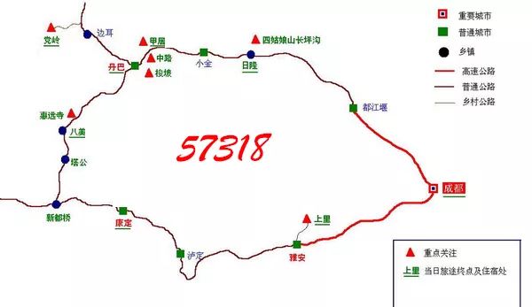 此为四川经典骑行路线,自成都出发,沿317国道,经都江堰,漩口,到达