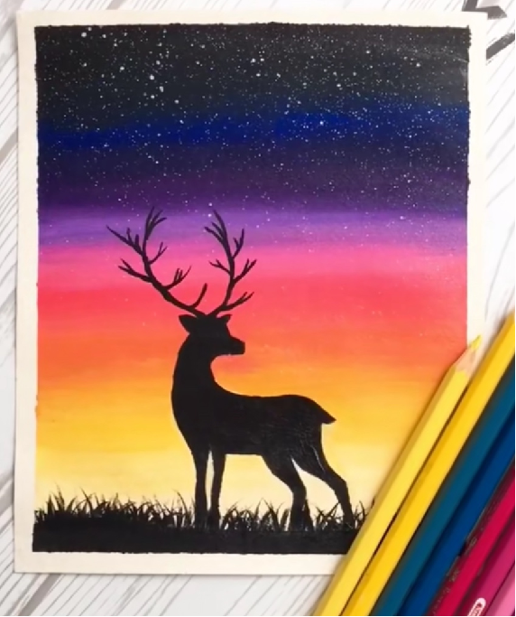 顺义少儿美术-涂度空间美术艺术萌芽班本周绘画主题《 星空下的鹿》