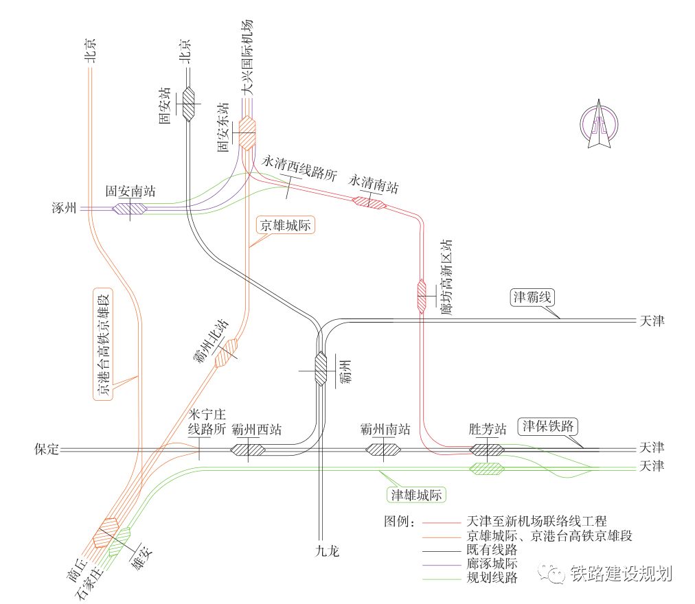天津至新机场铁路接轨方案示意图▲ 新建线路起自津保铁路胜芳站