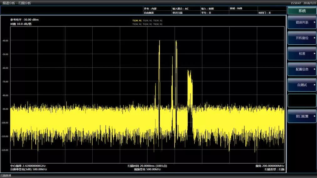 wifi和bluetooth信号,在扫频模式下和实时频谱分析模式下的信号显示