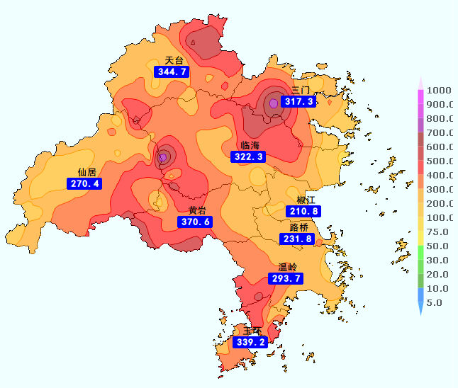 6毫米,天台344.7毫米,玉环339.2毫米,临海326.2毫米,三门317.