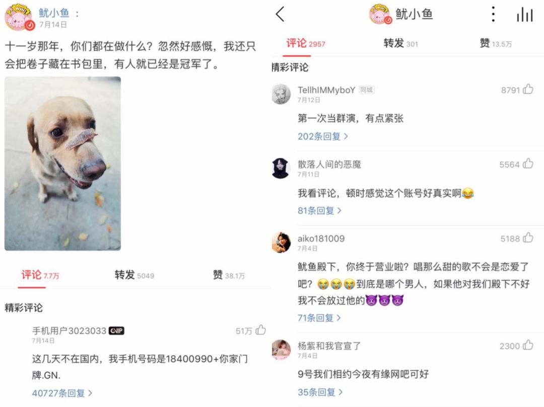 "网易云音乐上,"韩商言"在"鱿小鱼"这条评论已经被顶到了51万赞.