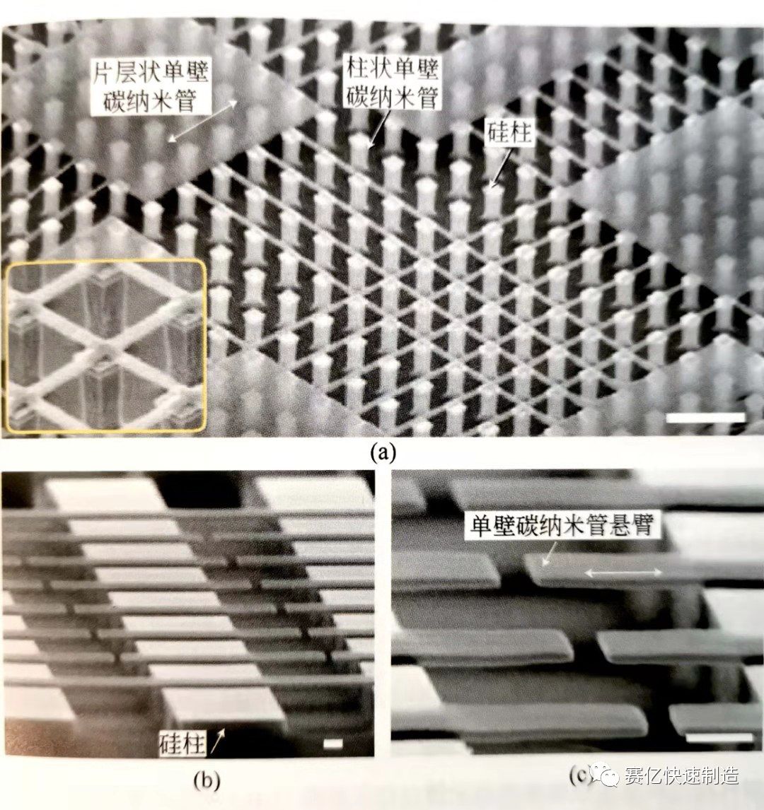 图7 碳纳米管垂直阵列组装的三维结构电子机械器件担载法是将化剂颗粒