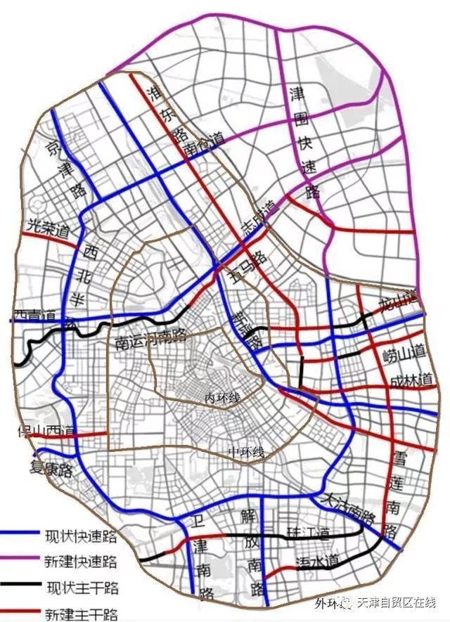 下面的照片表示了天津市的道路交通情况,在市区方面外环线,中环线,内