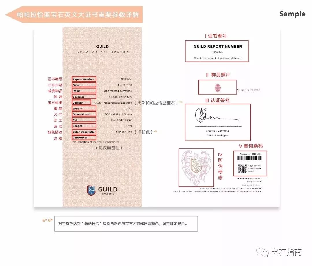 guild英文大证书重要参数详解—帕帕拉恰蓝宝石