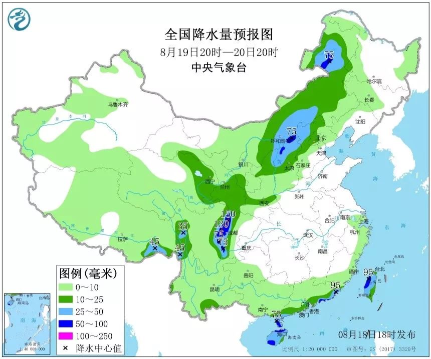 全国48小时降水量预报(8月19日20时—20日20时)