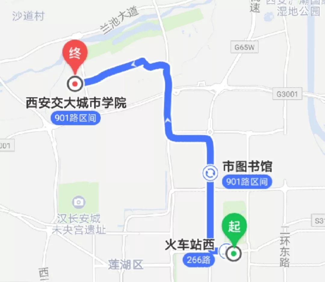 换乘901路区间 (开往渭水汤苑温泉方向) 于西安交通大学城市学院下车