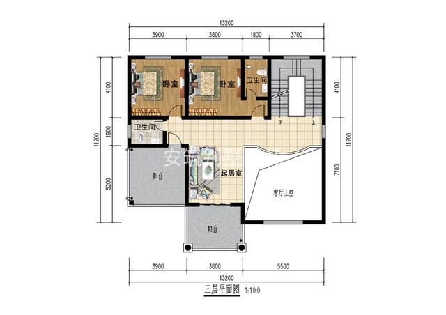 二层:卧室呈l形分布,卫生间夹在两卧室之间,带阳台的茶室,不仅可以