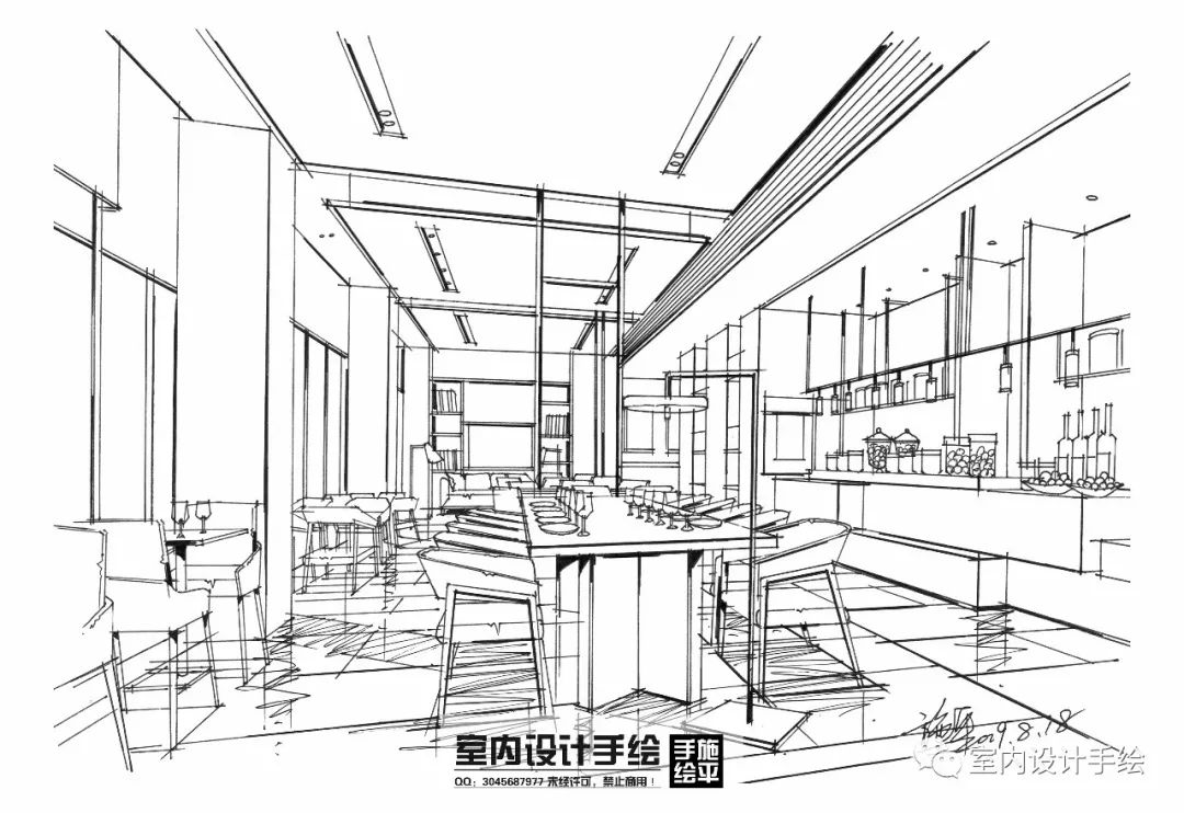 原创手绘酒店就餐区空间线稿步骤